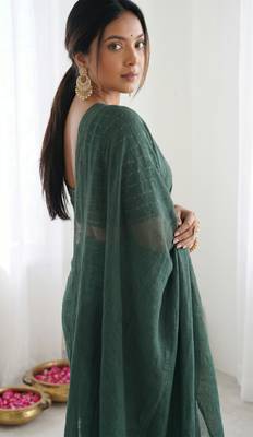  dark bottle green solid saree with embellished blouse 4