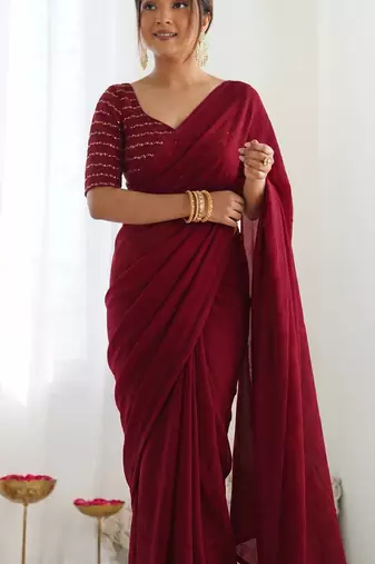 New trendy elegant blood red solid saree with embellished blouse