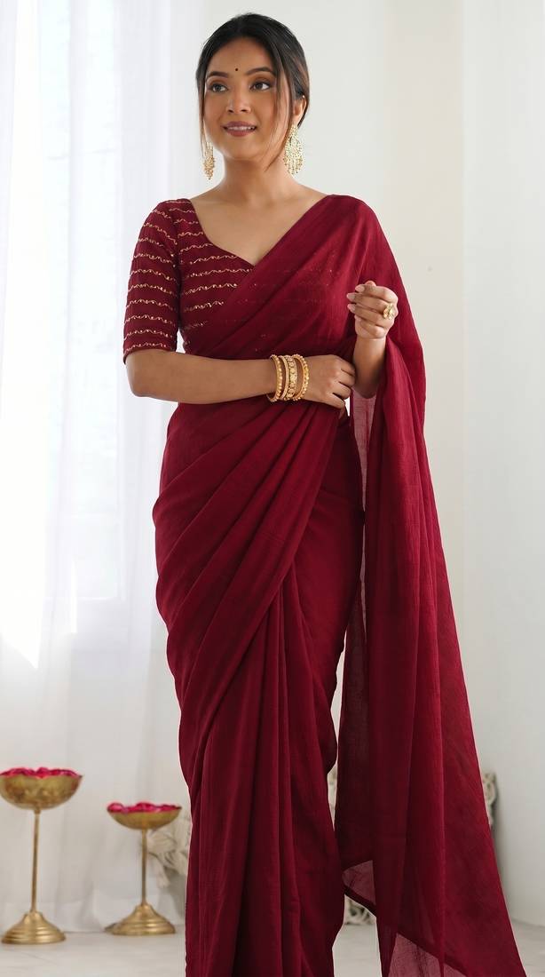 New trendy elegant blood red solid saree with embellished blouse