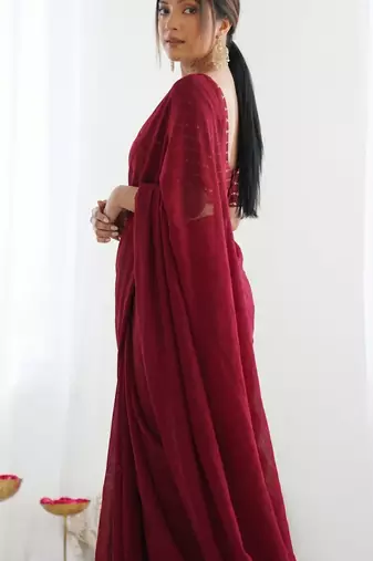 New trendy elegant blood red solid saree with embellished blouse