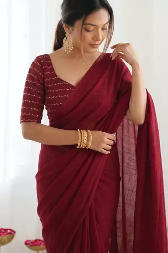 New trendy elegant blood red solid saree with embellished blouse