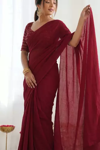 New trendy elegant blood red solid saree with embellished blouse