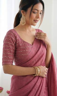 New trendy elegant peach solid saree with embellished blouse 4