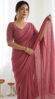 New trendy elegant peach solid saree with embellished blouse 5