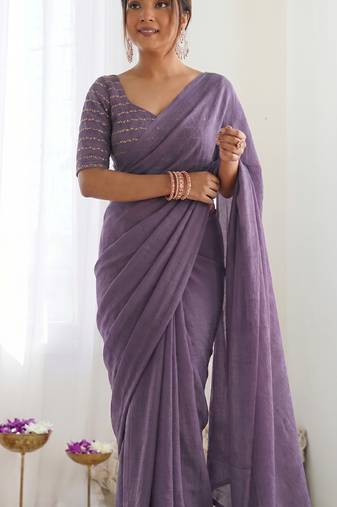 New trendy elegant lavendar solid saree with embellished blouse