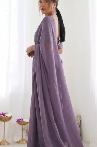 New trendy elegant lavendar solid saree with embellished blouse