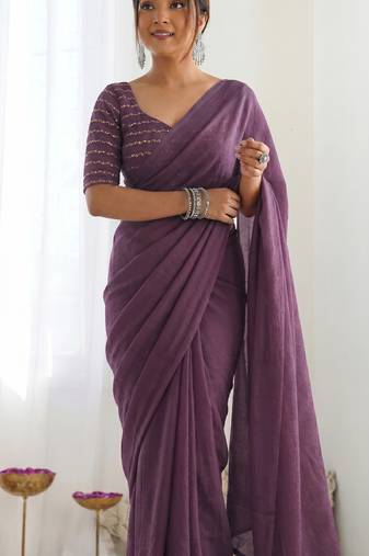 New trendy elegant purple solid saree with embellished blouse