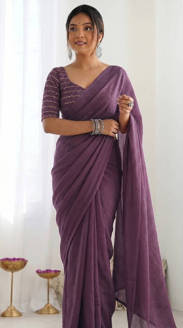 New trendy elegant purple solid saree with embellished blouse