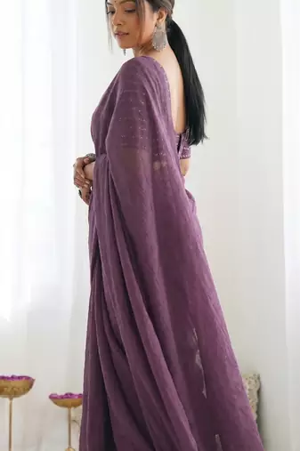 New trendy elegant purple solid saree with embellished blouse
