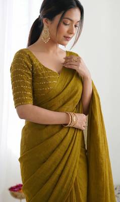 New trendy elegant gold solid saree with embellished blouse 2