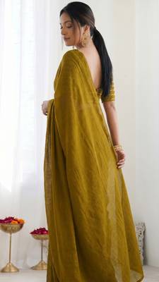 New trendy elegant gold solid saree with embellished blouse 3