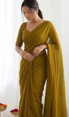 New trendy elegant gold solid saree with embellished blouse 4