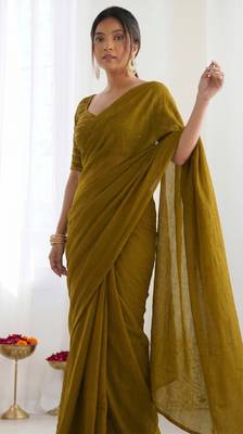 New trendy elegant gold solid saree with embellished blouse 5