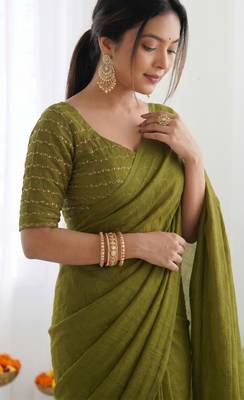 New trendy elegant mehendi solid saree with embellished blouse 2