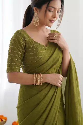 New trendy elegant mehendi solid saree with embellished blouse
