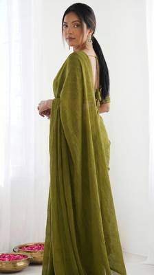 New trendy elegant mehendi solid saree with embellished blouse 3