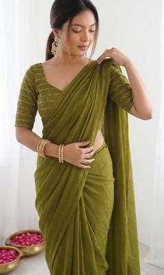 New trendy elegant mehendi solid saree with embellished blouse 4