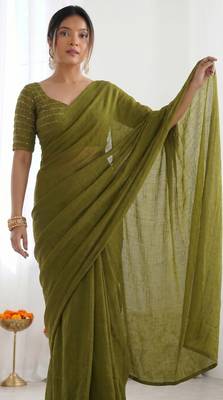 New trendy elegant mehendi solid saree with embellished blouse 5