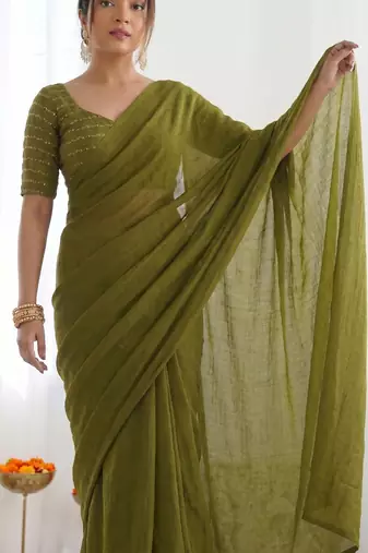 New trendy elegant mehendi solid saree with embellished blouse