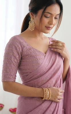 New trendy elegant baby pink solid saree with embellished blouse 2