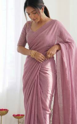 New trendy elegant baby pink solid saree with embellished blouse 3