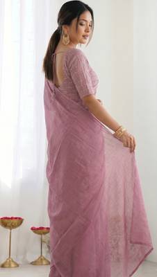 New trendy elegant baby pink solid saree with embellished blouse 4