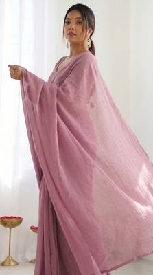 New trendy elegant baby pink solid saree with embellished blouse 5
