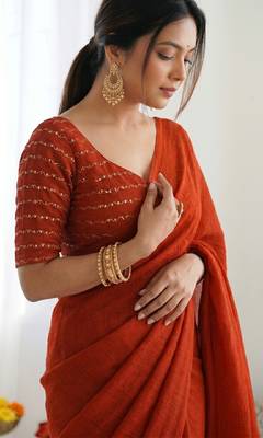 New trendy elegant orange solid saree with embellished blouse 2
