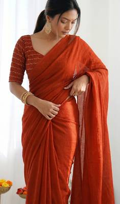 New trendy elegant orange solid saree with embellished blouse 5