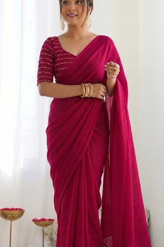 New trendy elegant rani pink solid saree with embellished blouse