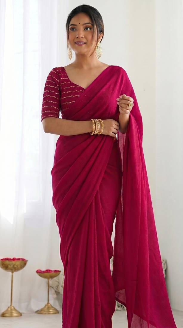 New trendy elegant rani pink solid saree with embellished blouse