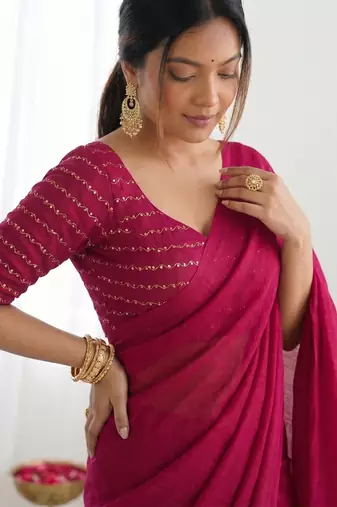 New trendy elegant rani pink solid saree with embellished blouse