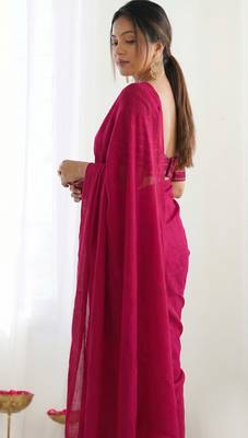 New trendy elegant rani pink solid saree with embellished blouse 3
