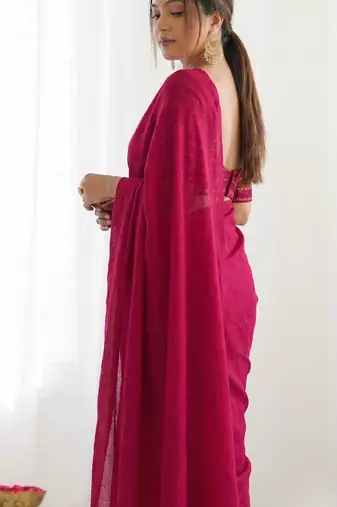 New trendy elegant rani pink solid saree with embellished blouse