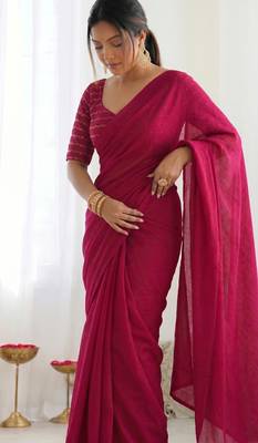 New trendy elegant rani pink solid saree with embellished blouse 4