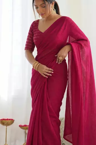 New trendy elegant rani pink solid saree with embellished blouse