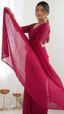 New trendy elegant rani pink solid saree with embellished blouse 5