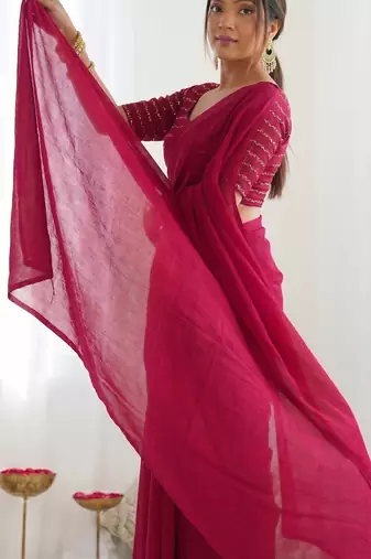 New trendy elegant rani pink solid saree with embellished blouse