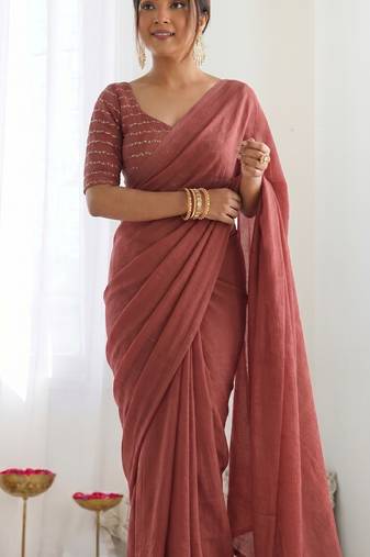 New trendy elegant raddish brown solid saree with embellished blouse