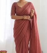 New trendy elegant raddish brown solid saree with embellished blouse