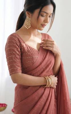 New trendy elegant raddish brown solid saree with embellished blouse 2