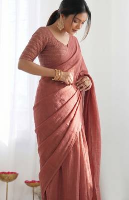 New trendy elegant raddish brown solid saree with embellished blouse 3