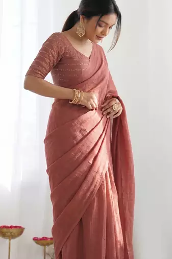 New trendy elegant raddish brown solid saree with embellished blouse