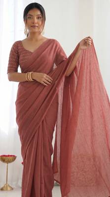 New trendy elegant raddish brown solid saree with embellished blouse 4