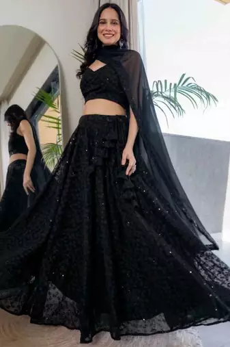 Black Georgette Chikankari Lehenga Blouse Duppatta Set