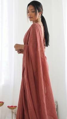 New trendy elegant raddish brown solid saree with embellished blouse 5
