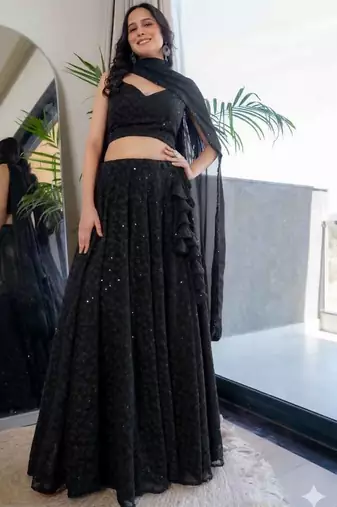 Black Georgette Chikankari Lehenga Blouse Duppatta Set