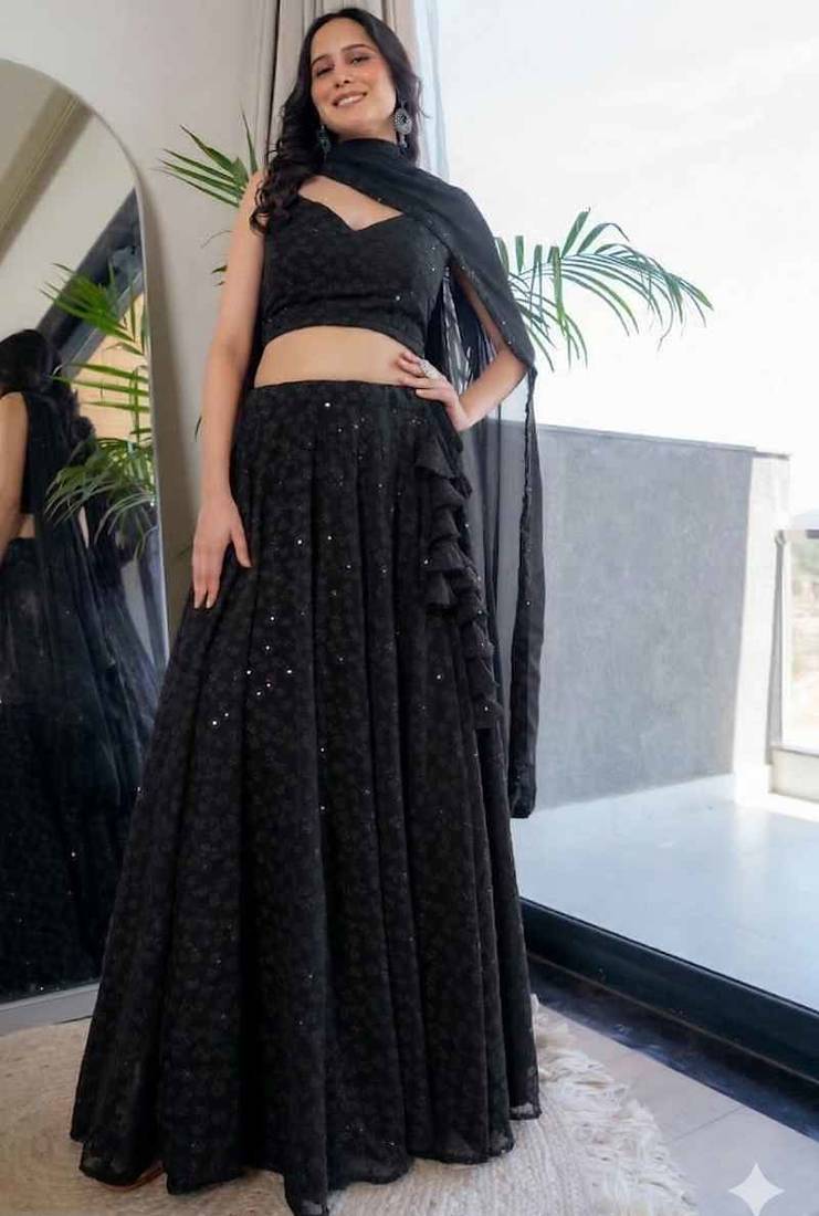 Black Georgette Chikankari Lehenga Blouse Duppatta Set