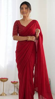 New trendy elegant red solid saree with embellished blouse 1