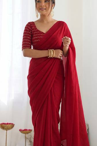 New trendy elegant red solid saree with embellished blouse